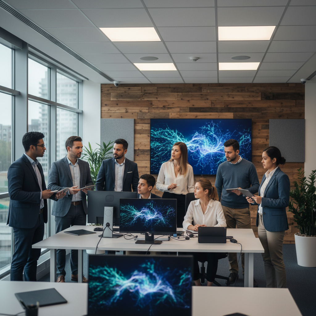 A group of diverse AI researchers and developers in a modern, collaborative workspace, engaged in a discussion about advanced AI models. They are looking at screens displaying complex data. The atmosphere is professional yet vibrant, with bright, balanced lighting and a textured background. No visible text, no graphs.