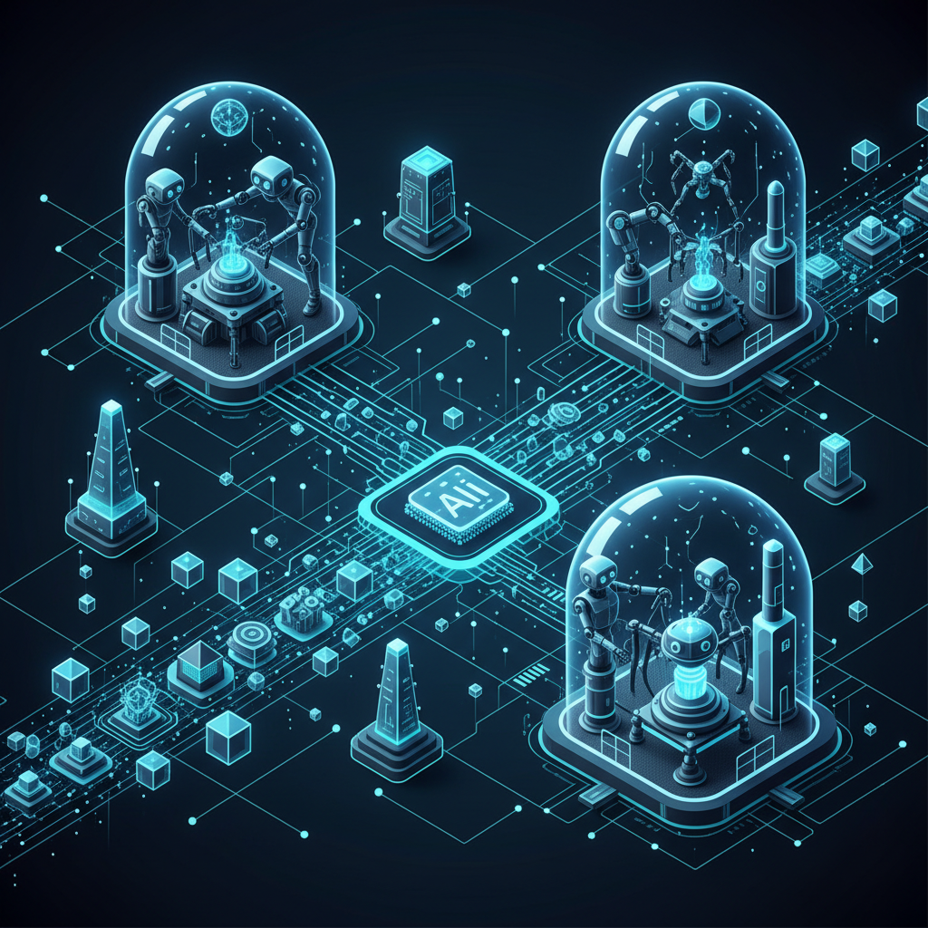 A dynamic infographic depicting the future of AI in manufacturing. Show interconnected smart factories, robots assembling intricate parts, and data flowing seamlessly. The style is clean and futuristic, with vibrant blue and green accents on a dark background, and bright, clear illumination. No text.