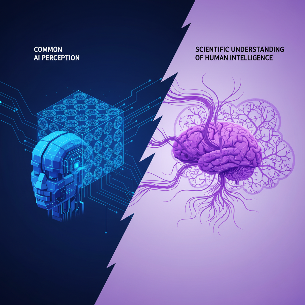 Clean infographic, modern layout, high contrast, depicting the contrast between common AI perception and scientific understanding of human intelligence. Illustrate brains and neural networks without text, using abstract shapes and clear divisions. Background: gradient blue-purple, no empty margins, centered focus.