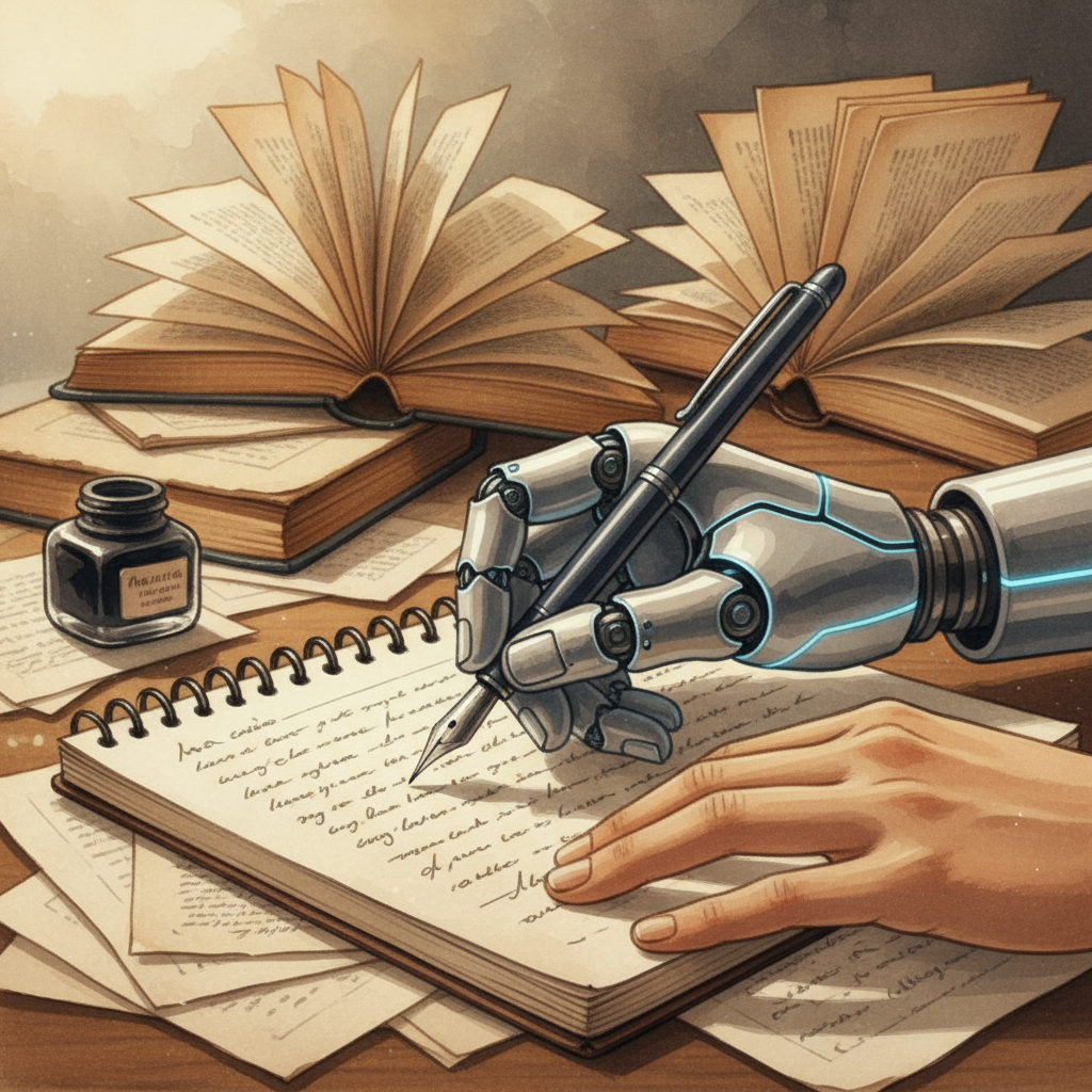 A robotic hand gently taking over the act of writing from a human hand on a notebook, symbolizing AI's encroachment into creative work. Soft, warm lighting, textured background with subtle literary elements like open books in the blurred background. Style: illustration, artistic rendering. No visible text in image.