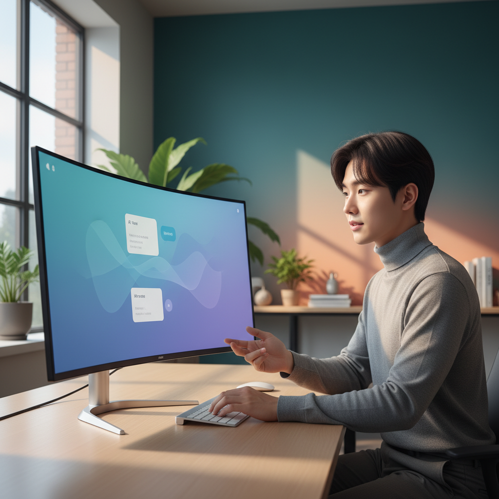 A Korean person interacting with a sleek AI chat interface on a computer screen, natural lighting, modern office setting, colored background, no visible text on screen.