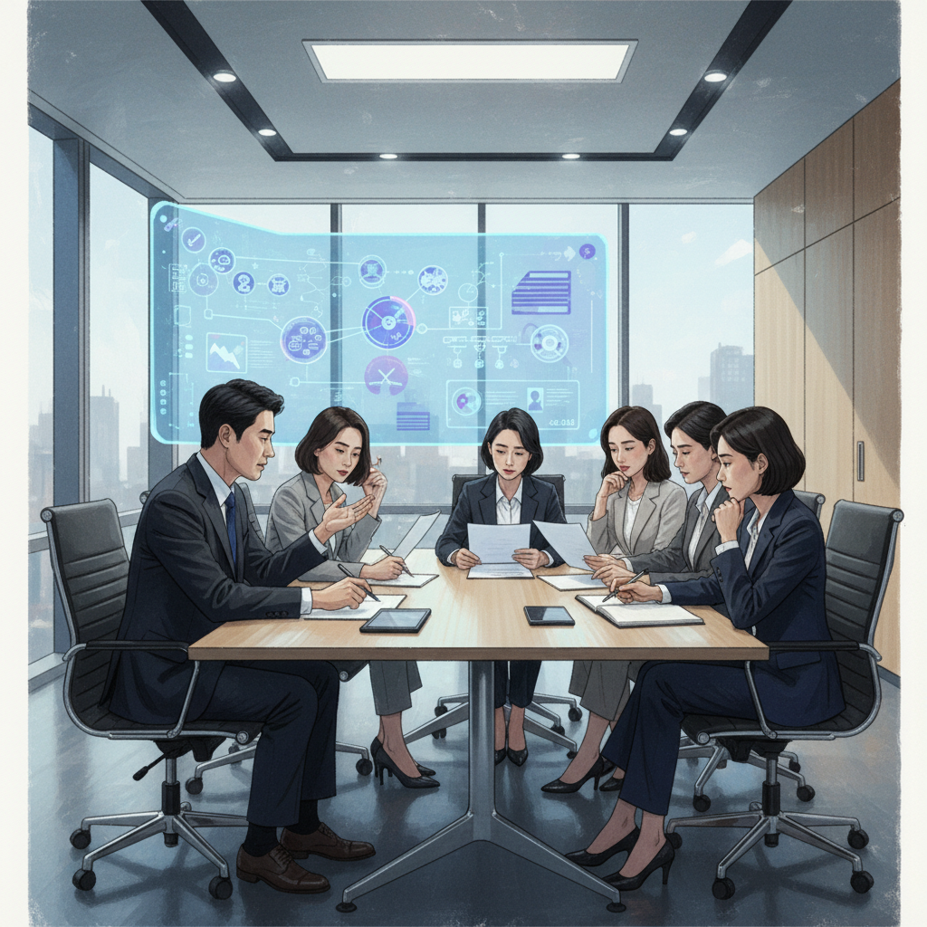 A professional illustration of Korean policymakers in a modern, clean meeting room, actively discussing documents related to AI regulation for minors. One person is gesturing towards a screen displaying abstract policy diagrams. The atmosphere is serious and focused, with balanced lighting. Illustration, artistic rendering, textured background. No visible text in image.