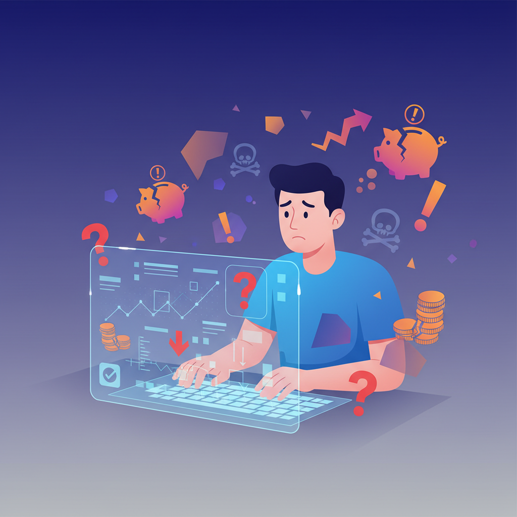 A modern infographic illustrating the risks of AI chatbot financial advice. Show a person looking confused or worried while interacting with a glowing AI interface, with misleading information or warning signs floating around. Use high contrast colors and a clean, informative layout. The background is a gradient of deep blue to soft grey, full frame, no empty margins. No visible text in image.