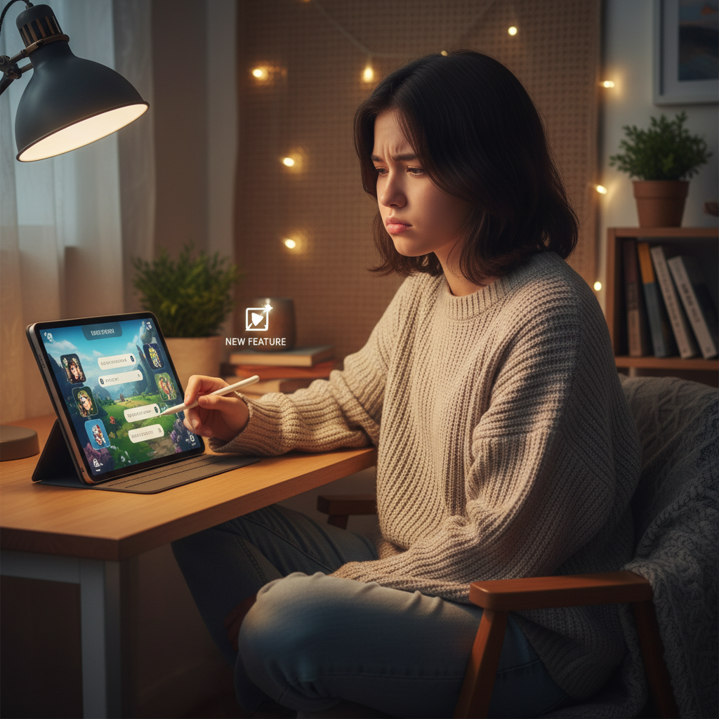 A Korean teenager sitting at a desk, looking thoughtfully at a tablet displaying an interactive story interface. The background is a cozy, textured room with warm lighting, suggesting a personal space. The teen's expression is a mix of slight disappointment and curiosity about the new feature. Lifestyle photography, natural setting, textured background. No visible text in image.