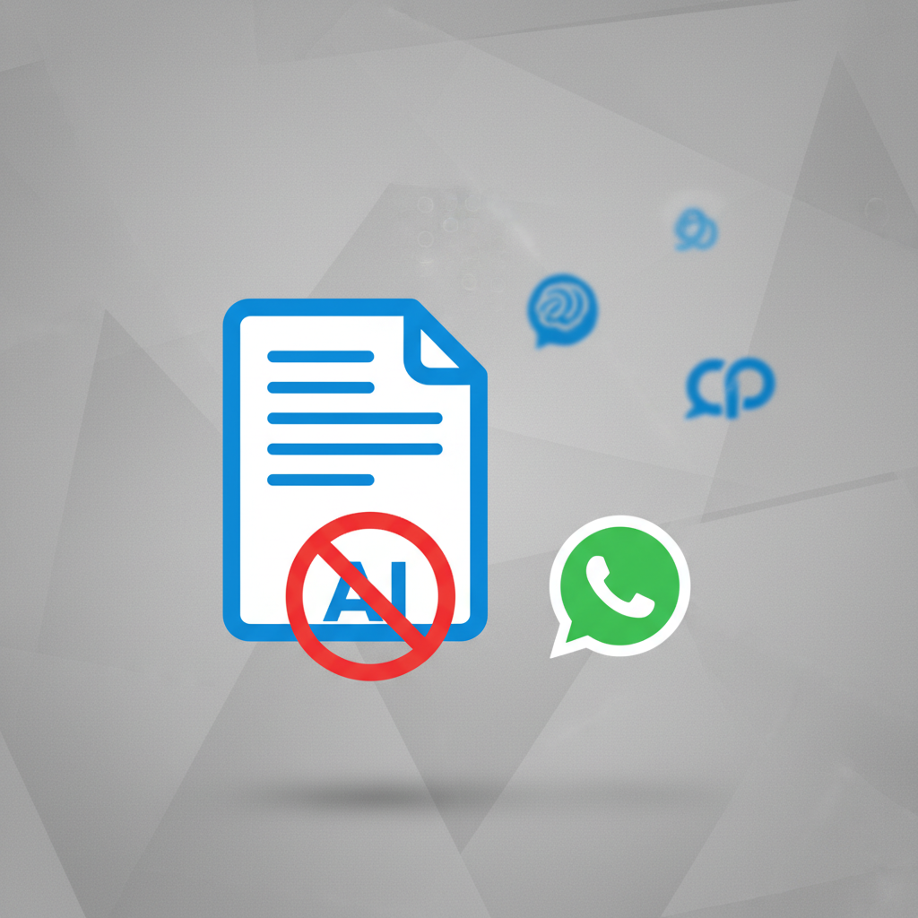 A modern infographic illustrating the concept of updated terms of service. A document icon with a "NO AI" symbol, positioned near a WhatsApp logo. Stylized icons for AI chatbots like ChatGPT and Copilot are visible in the background, subtly fading away. Clean infographic, high contrast, textured background. No text.