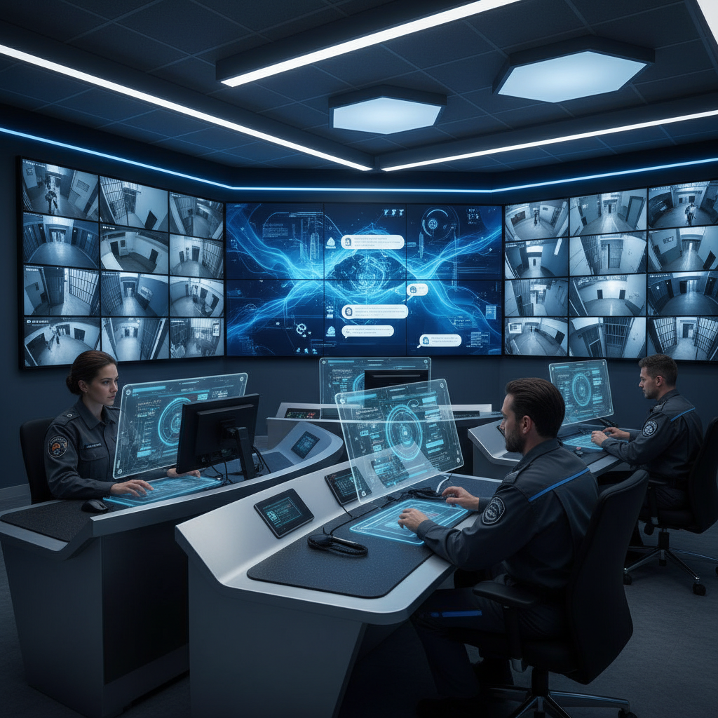 Modern prison control room with multiple monitors displaying AI chatbot interface and security systems, professional staff working with digital tablets, blue and gray color scheme, high-tech atmosphere, realistic lighting, no text