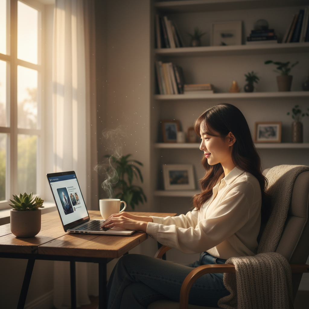 Korean person having natural conversation with AI chatbot on laptop in cozy home office, warm afternoon sunlight through window, wooden desk with coffee cup, comfortable modern interior, lifestyle photography, shallow depth of field, natural colors, relaxed atmosphere, no text in image