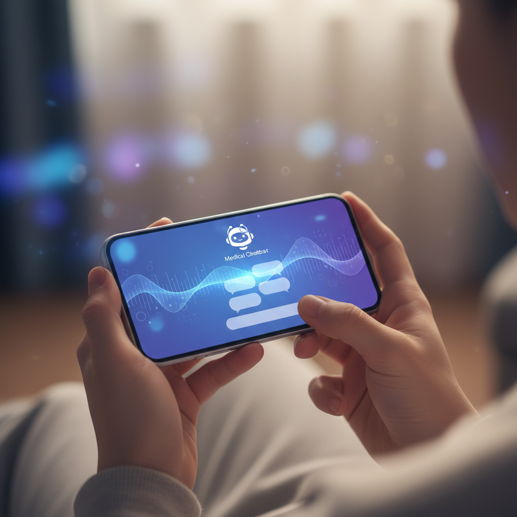 Close-up of hands holding smartphone with medical AI chatbot interface, person typing health symptoms, warm indoor lighting, modern technology lifestyle, soft blue and purple gradient background, realistic detail, Korean appearance hands, no text