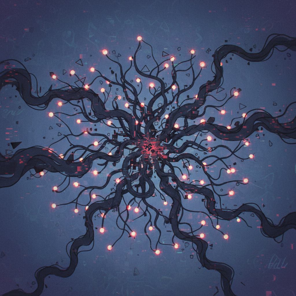 An artistic rendering of a complex neural network (representing AI) with corrupted data flowing into it, depicted as dark, swirling mist. The background has a subtle blue and purple gradient, creating a sense of unease. Style: illustration, artistic rendering, textured background. No text, focusing on data corruption.