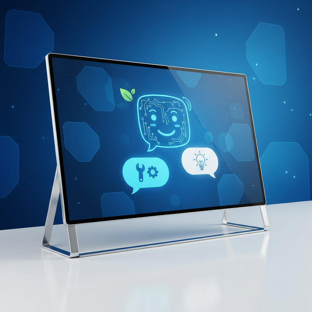 A friendly AI chatbot interface on a sleek digital screen, efficiently handling customer inquiries in a modern, minimalistic setting. The chatbot displays a helpful, engaging persona. Style: clean infographic, modern layout, high contrast. No visible text. Gradient blue background.