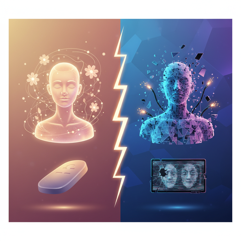 A modern, clean infographic illustrating two contrasting sides of AI tributes: one side showing a comforting digital memorial, the other showing glitchy, distorted representations. High contrast, warm and cool gradients in the background. No visible text.