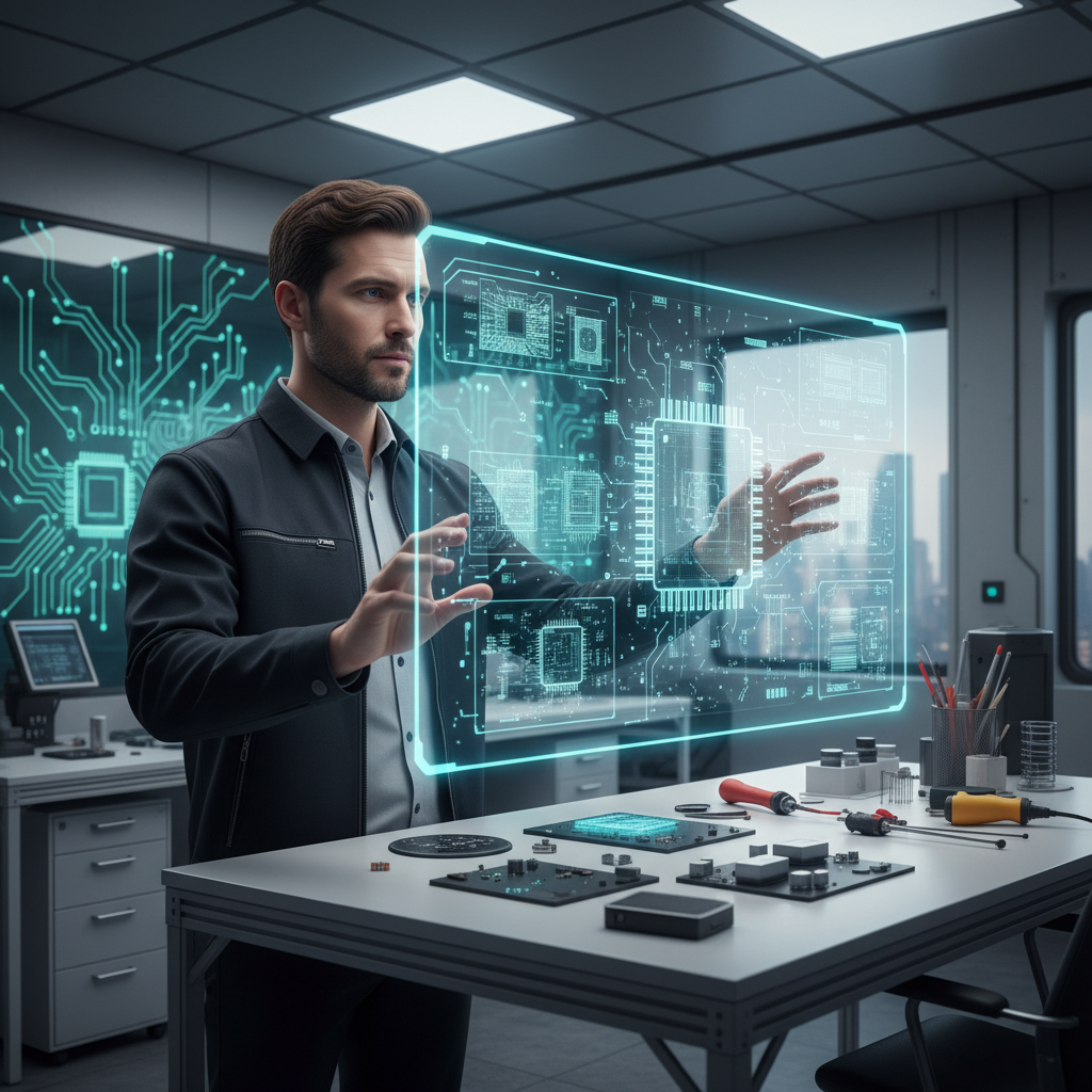 A focused engineer designing custom AI silicon chips on a holographic display. The scene is set in a modern, well-lit lab with intricate circuit board patterns in the background. Emphasize innovation and advanced technology in a professional setting. Bright, balanced lighting, no text.