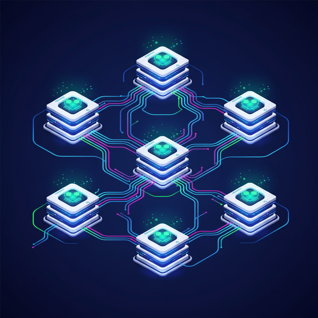A futuristic, clean infographic showing multiple interconnected data centers with glowing AI chips. The overall impression is one of high-tech infrastructure and seamless data flow. Style: clean infographic, modern layout, high contrast. No visible text, no graphs.