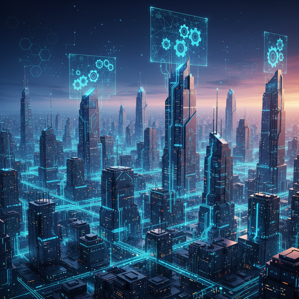 A futuristic city skyline at dusk, with glowing data streams and circuit board patterns integrated into the buildings. The focus is on technological advancement and the widespread impact of AI. Style: clean infographic, modern layout, high contrast. Colored background with gradient effects, minimal empty space. No visible text.