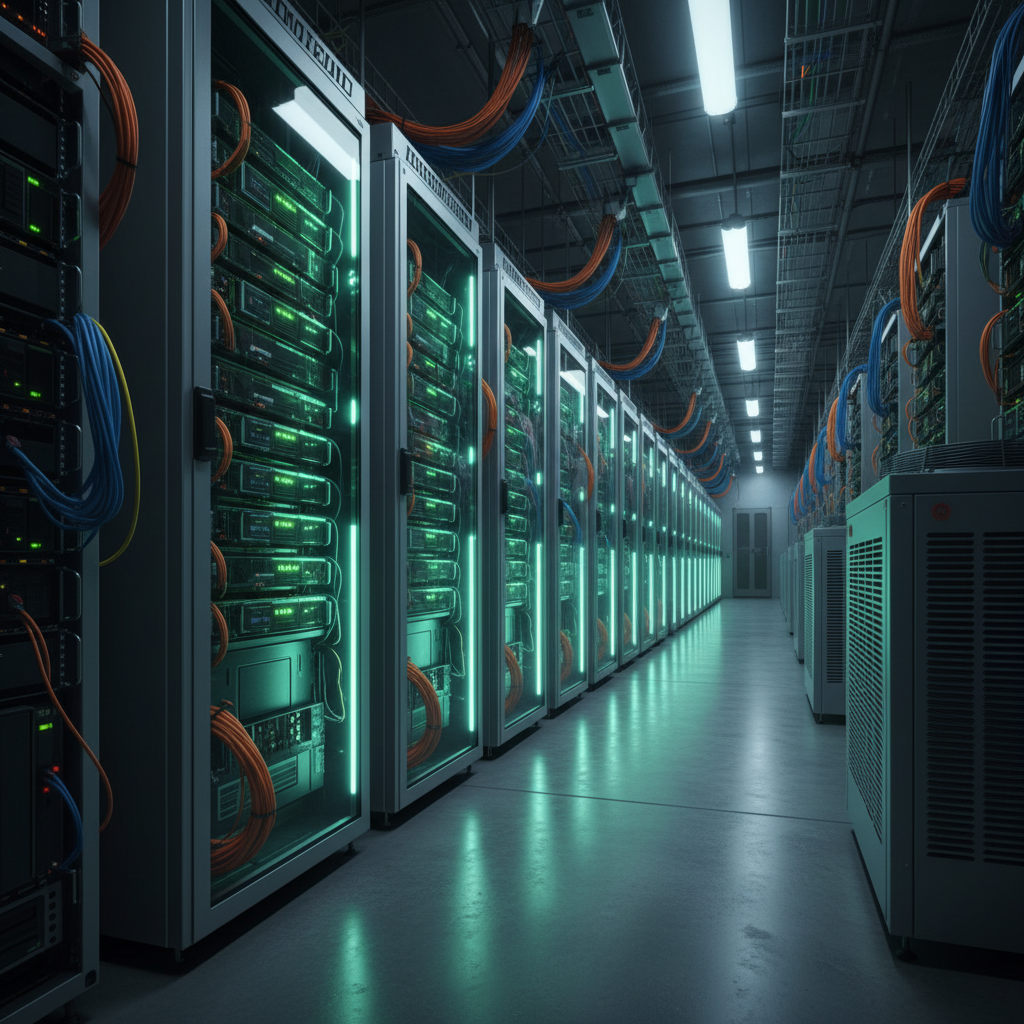 Inside a cutting-edge data center with rows of high-performance servers, each housing glowing NVIDIA GPUs. Focus on the sophisticated hardware and the intense, focused energy it represents. Style: modern, high-tech, industrial photography. No visible text.