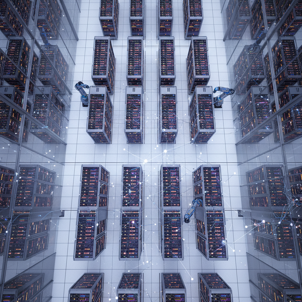 An overhead shot of a modern, clean data center with servers glowing, representing vast computing power. There are subtle AI-related visuals like neural network patterns overlaid. The atmosphere is high-tech and efficient. No text in image.