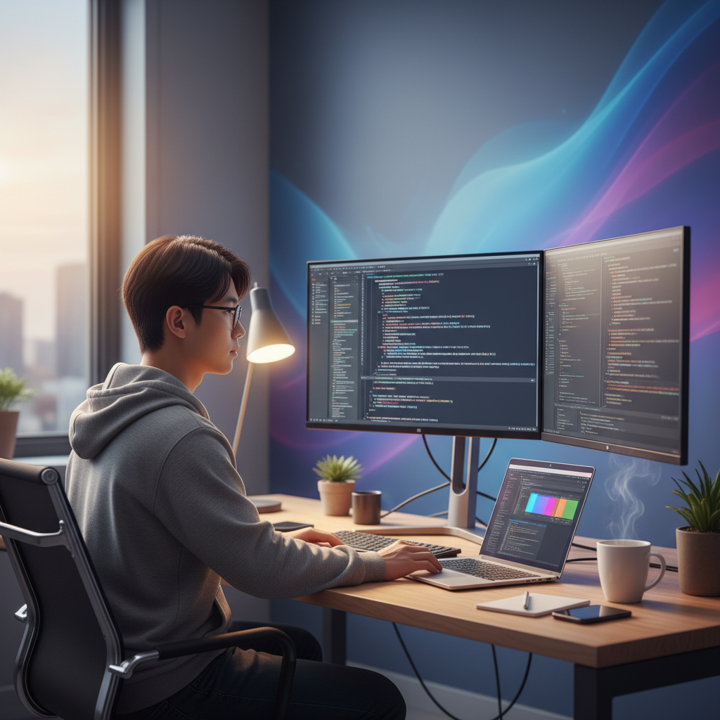 A Korean software developer working at a modern office desk with multiple monitors displaying code, warm ambient lighting from desk lamp, colorful gradient background with blue and purple tones, laptop showing development environment, coffee cup nearby, professional workspace atmosphere, natural daylight from window, realistic photography style, vibrant and engaging composition, no text visible on screens