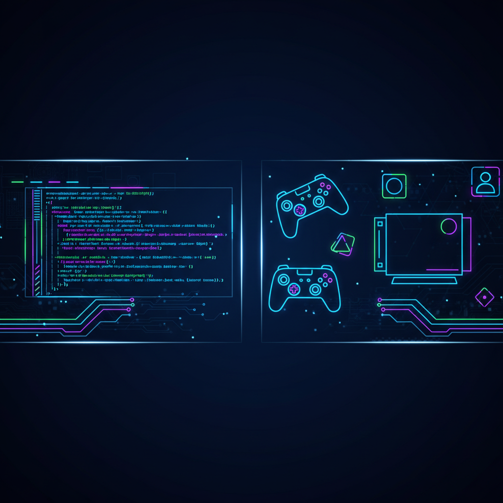 Split screen showing coding interface on one side and entertainment elements like social media icons and game controllers on the other, dark blue tech background with neon accents, modern digital illustration style, high contrast lighting, futuristic feel, no text in image