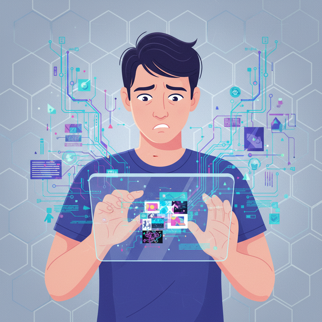 A bewildered person struggling to differentiate between real and AI-generated images on a tablet, surrounded by floating digital data. Emphasize the increasing sophistication of AI. Clean infographic style with a textured, futuristic background. No visible text.