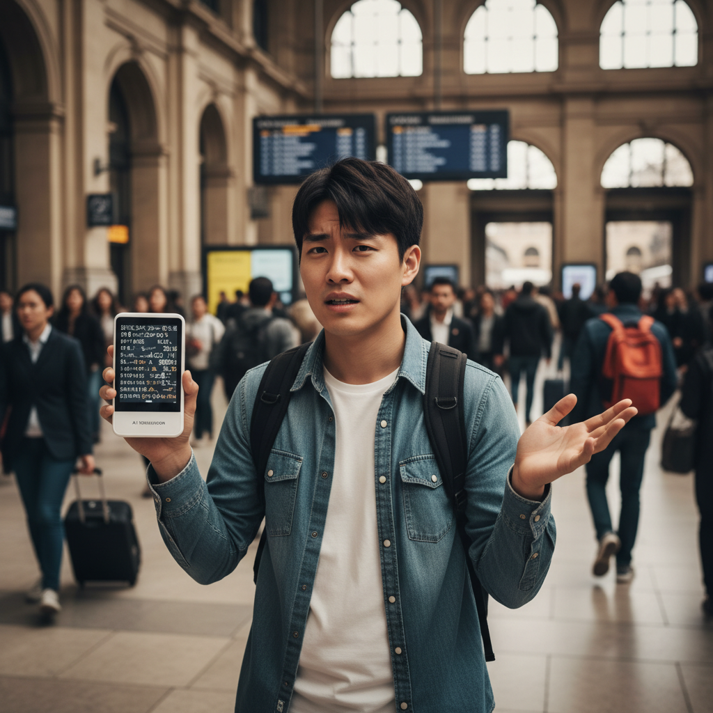A Korean traveler looking frustrated while trying to use a portable AI translation device in a bustling European train station. The traveler is gesturing with one hand, and the device screen shows garbled text. Style: lifestyle photography. No text.