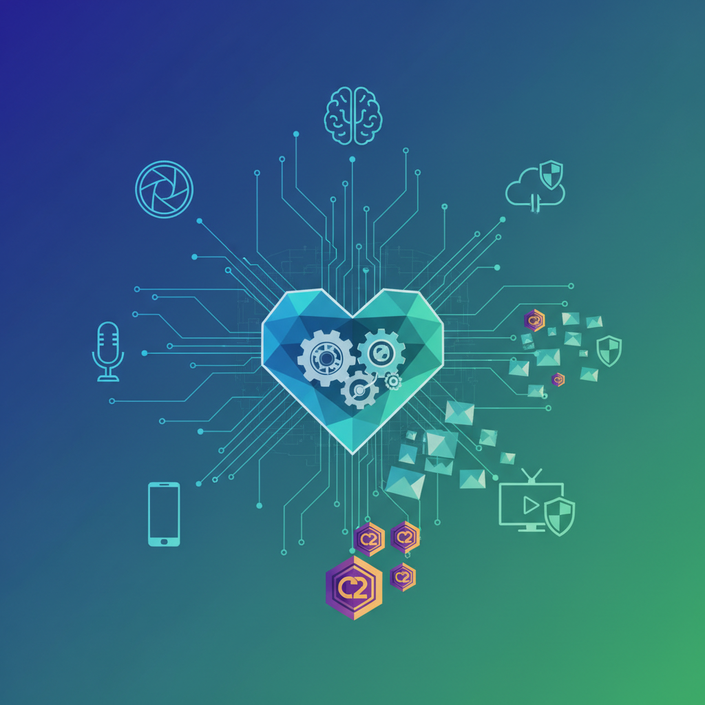 A stylized infographic depicting data flow and transparency with a focus on AI content. Abstract symbols representing C2PA metadata being embedded into digital images. Clean, modern layout with a gradient background, emphasizing security and authenticity. No text.