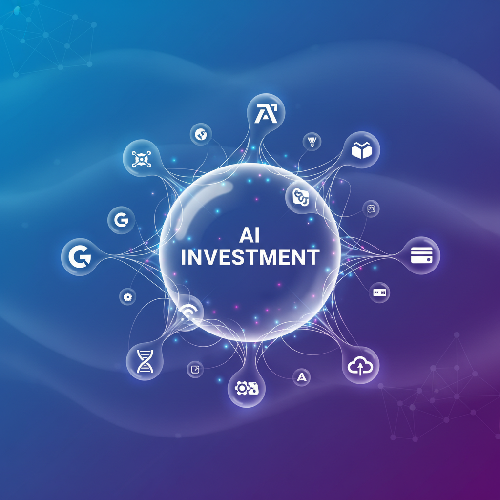 A dynamic infographic showing a large bubble labeled 'AI Investment' expanding rapidly, with smaller bubbles representing companies. The background is a gradient of blue and purple, suggesting a futuristic yet uncertain market. Style: clean infographic, modern layout, high contrast. No visible text in image.