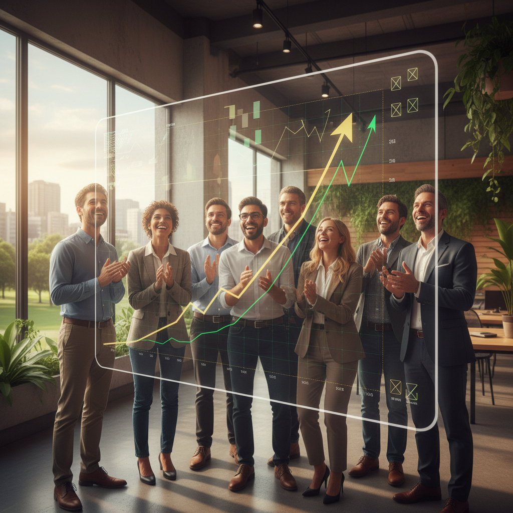 A group of diverse people in a modern office setting, looking at a digital stock chart on a screen with happy and confident expressions, representing successful AI investment. Lifestyle photography, warm lighting, natural setting. Textured background, no text.
