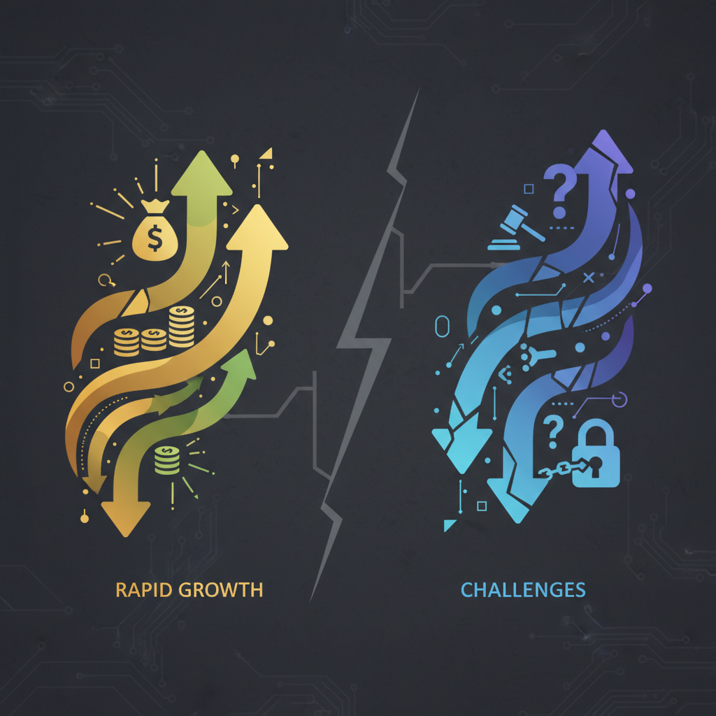 Modern infographic showing two sides: rapid growth (upward arrows, money symbols) and challenges (question marks, legal symbols) in the AI startup investment market. Focus on a dynamic, high-contrast visual style with a textured background. No visible text.