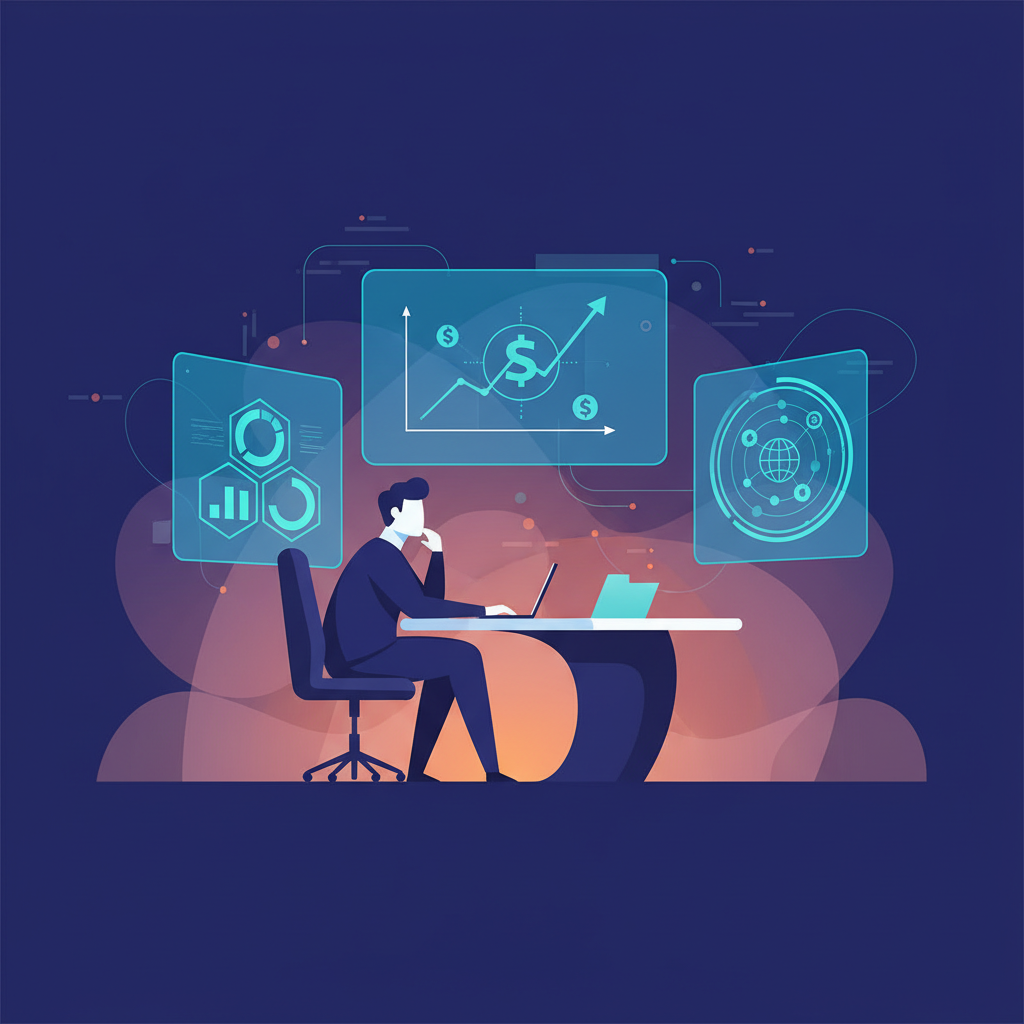 A stylized illustration of an investor looking at multiple data screens and making a thoughtful decision. The screens display a mix of market trends, company fundamentals, and economic indicators. Clean infographic style, modern layout, high contrast, colored background. No visible text in image.