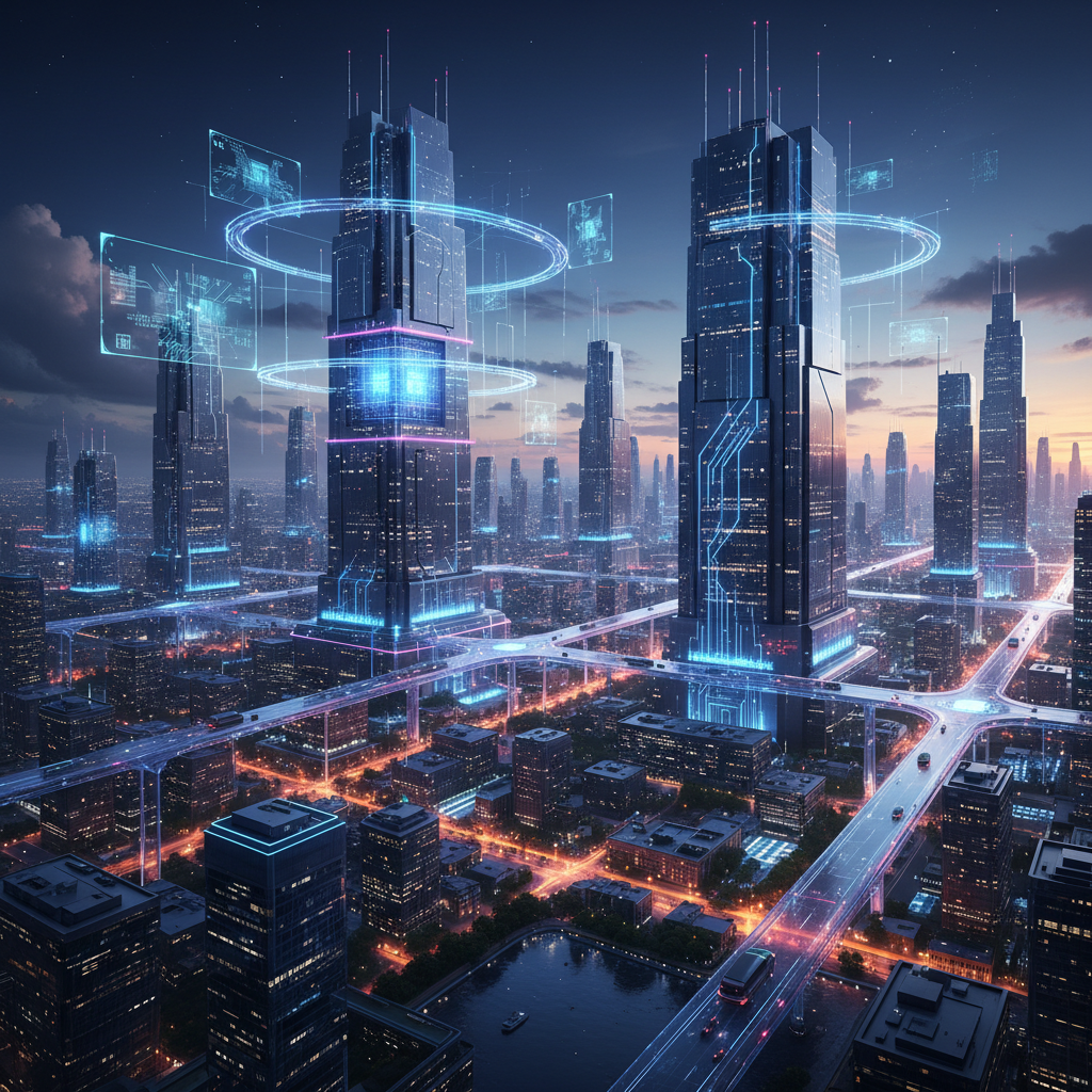 A futuristic cityscape with multiple high-tech data centers and cloud computing facilities integrated into the urban landscape. Digital networks connecting buildings with glowing data streams, evening atmosphere with city lights, advanced technology visualization, no text.