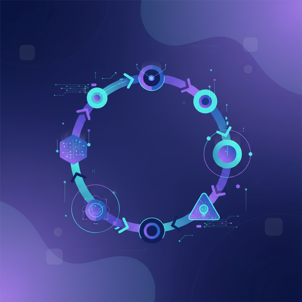 Modern infographic illustration showing circular money flow between tech companies, with abstract geometric shapes representing investment cycles, gradient blue and purple background, clean corporate style, no text, high contrast visual elements