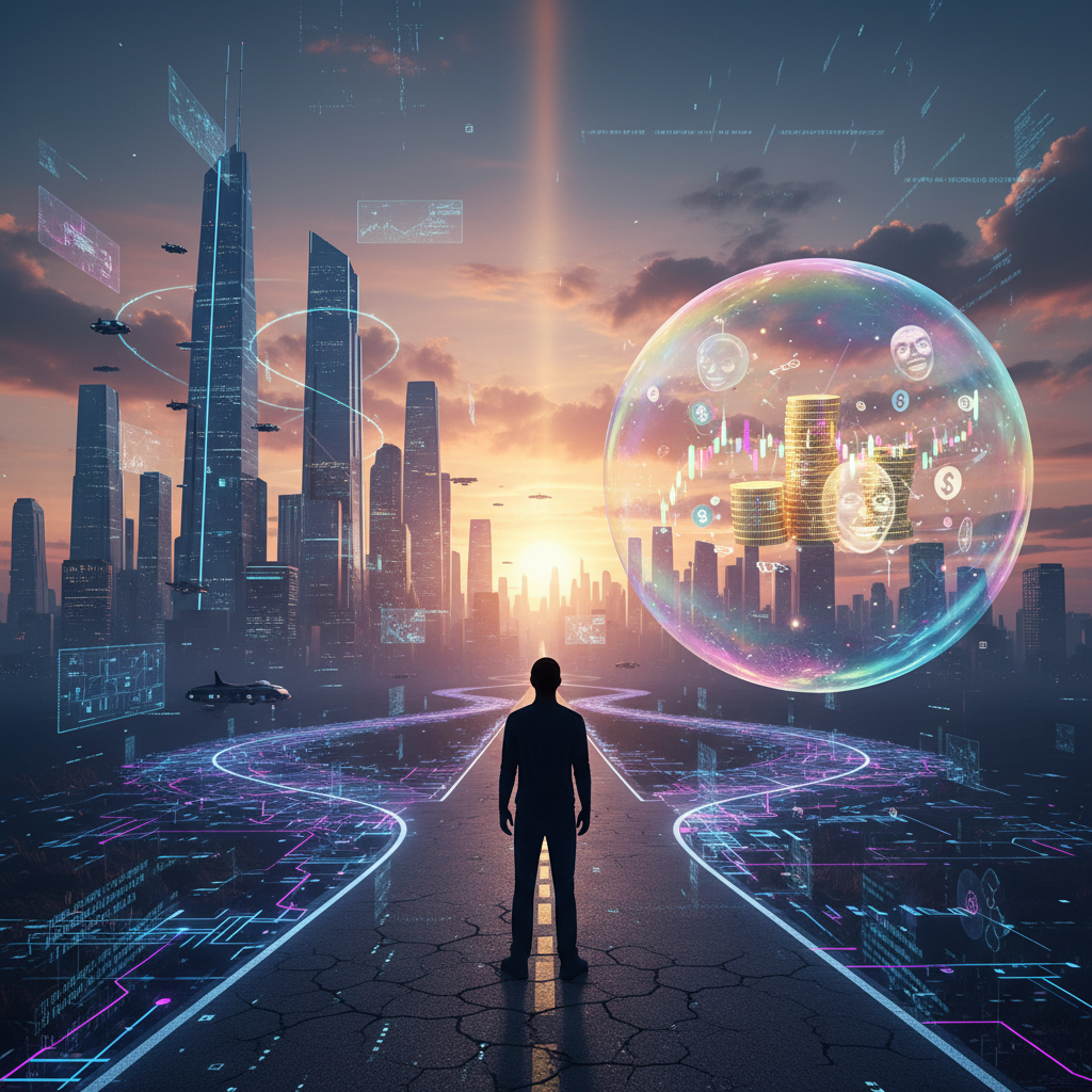 A thought-provoking conceptual image. A person stands at a crossroads, one path leading to a vibrant, futuristic city and the other to a speculative bubble. Both paths have AI elements. The mood is uncertain yet hopeful. No text in image.