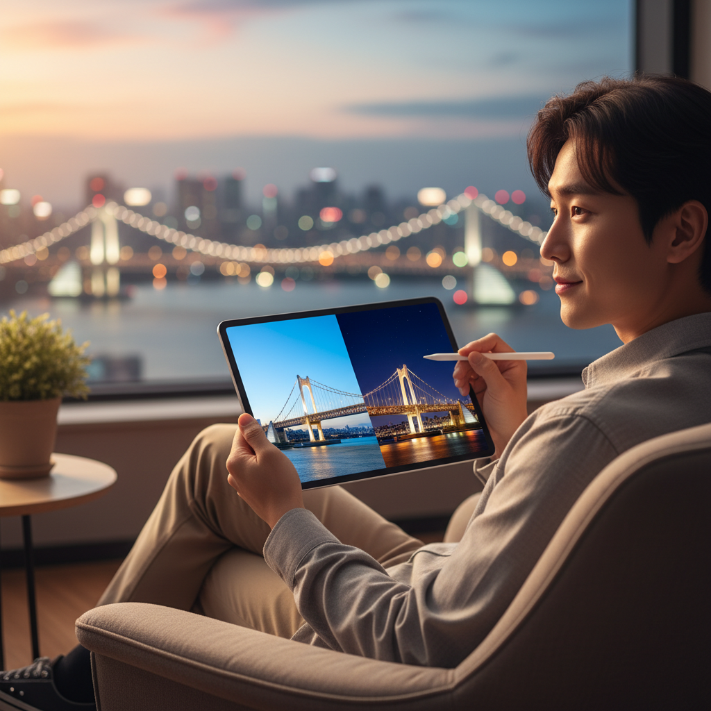 A Korean person confidently editing an image on a tablet, showcasing a realistic scene transforming from day to night with a bridge in the background, or changing camera angles. Style: lifestyle photography, warm lighting. Background: blurred cityscape. No visible text.