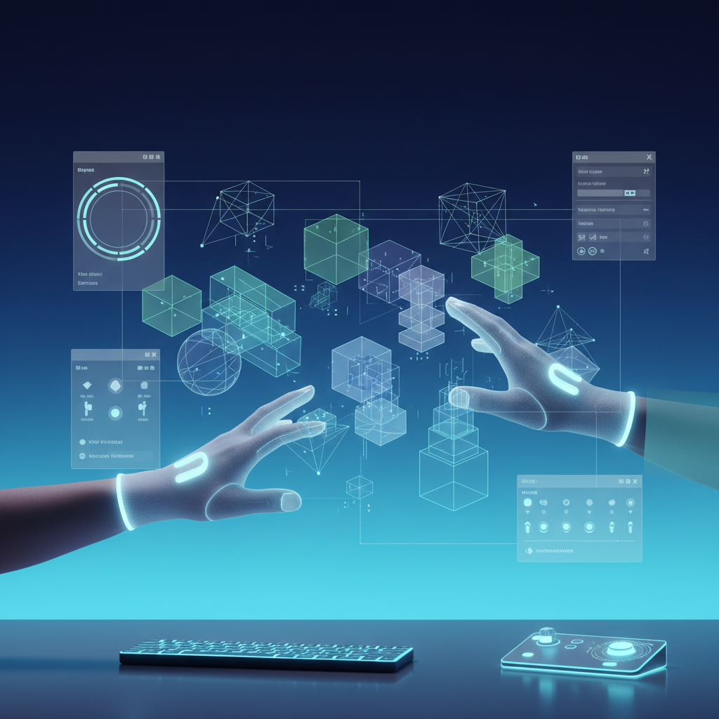 A digital workspace showing 3D spatial editing in progress, with geometric blocks and structures being manipulated in a virtual environment. Modern UI elements in soft blue and white tones, gradient background from navy to cyan. Person's hands interacting with holographic 3D objects. Bright, clean lighting. No text.