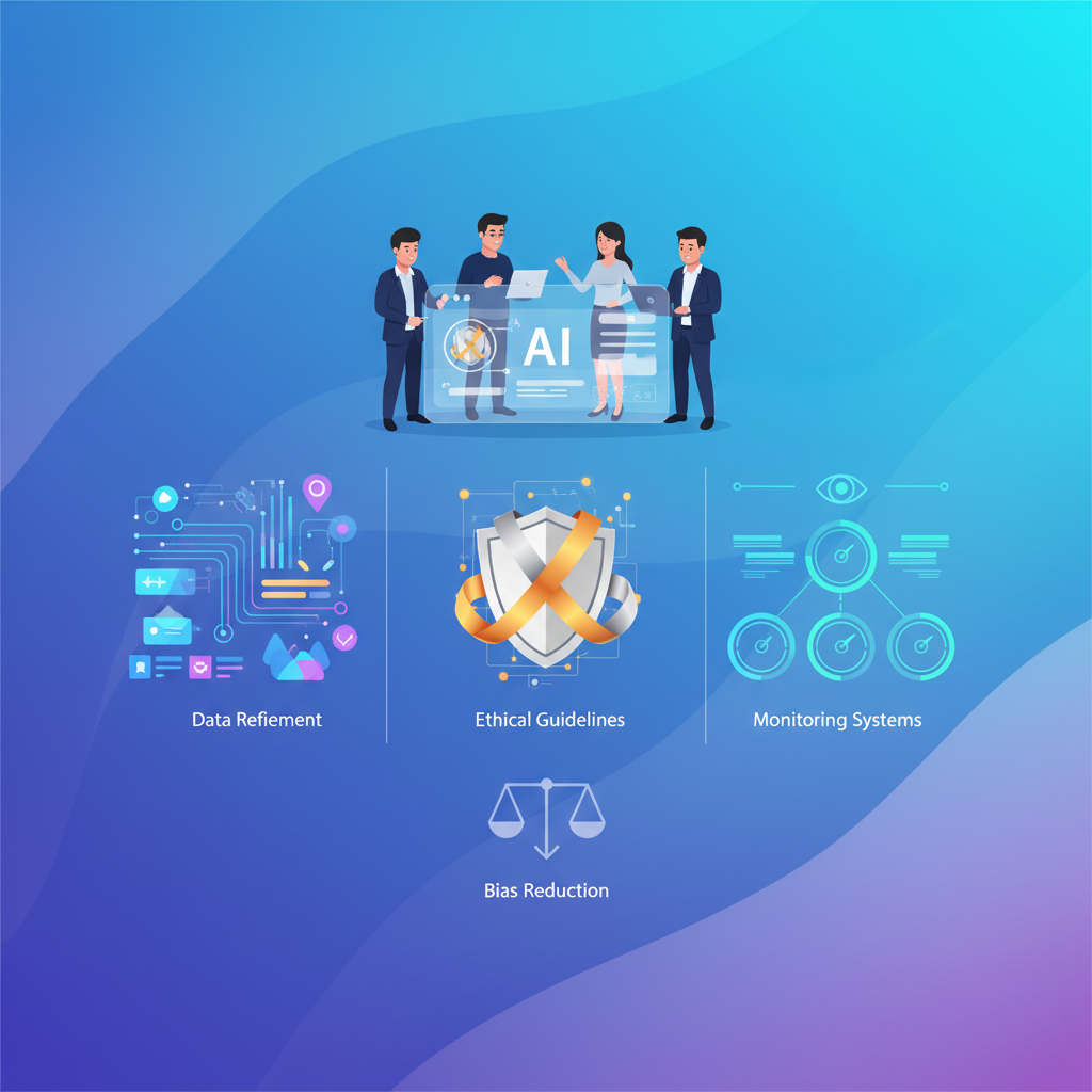 A modern, clean infographic showing a collaborative team (diverse Korean appearance people) working on an AI interface, with elements representing data refinement, ethical guidelines, and monitoring systems, symbolizing the effort to reduce bias. Modern layout, high contrast, gradient background. No visible text. Centered focus.