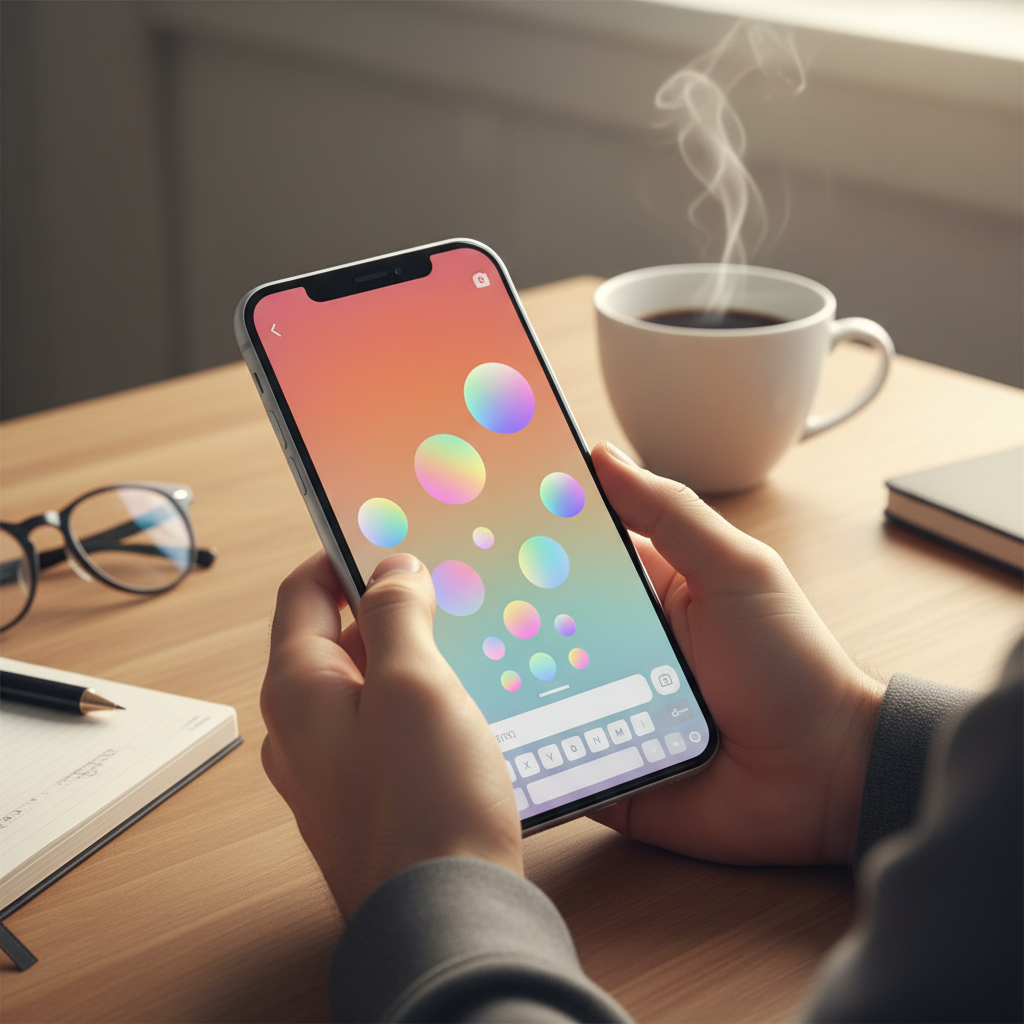Modern smartphone screen showing AI chat interface with autocomplete suggestions appearing in colorful bubbles, hands typing on device, warm indoor lighting, wooden desk background with coffee cup, lifestyle photography style, vibrant gradient background, no text visible