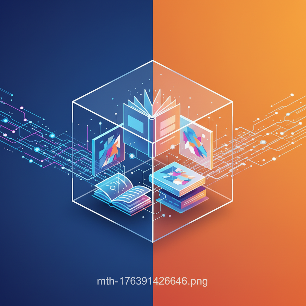 A clean infographic illustration showing a transparent glass box representing AI systems, with data flowing in and out. Inside the box, stylized books and artworks are visible, symbolizing training data. The overall style is modern and high-contrast, with a colored background. No text.