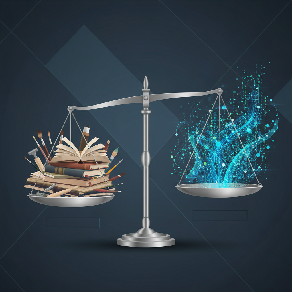 A visually striking clean infographic showing a delicate balance scale. On one side, stacks of books and art supplies representing 'copyrighted works'. On the other, abstract digital data flows and neural network patterns representing 'AI training data'. The scale is tipped, showing an imbalance. High contrast, modern layout, textured background, no text.