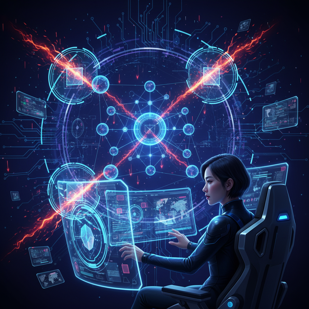 A futuristic digital illustration showing an AI system interface with network nodes, security shields, and cyber attack visualization. Dark blue and purple gradient background with glowing circuit patterns. High-tech atmosphere with holographic displays. Korean appearance security analyst observing multiple screens. Centered composition, rich details, no text.