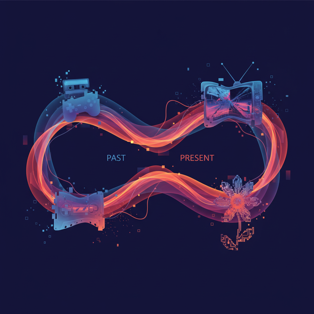 A clean infographic showing the concept of "AI nostalgia slop" with intertwining timelines of past and present, representing distorted memories through AI. Modern layout, high contrast, colored background. No visible text, no Korean characters.