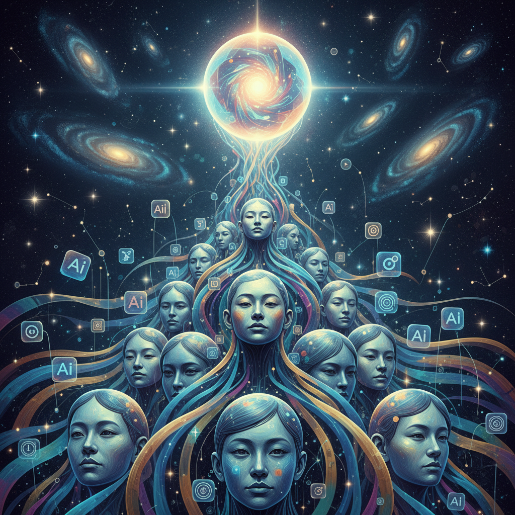 An abstract, futuristic illustration of interconnected human figures and AI bot icons, reaching upwards towards a glowing sphere representing "untapped potential" or "new possibilities" in AI collaboration. Dynamic composition, vibrant colors, textured background. Korean appearance, natural expressions. No text.