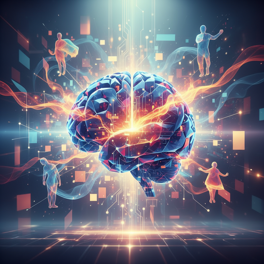 Conceptual illustration of AI system trying to understand human emotions, digital brain with colorful emotional data streams, futuristic but warm atmosphere, soft lighting, abstract but clear representation, no text in image