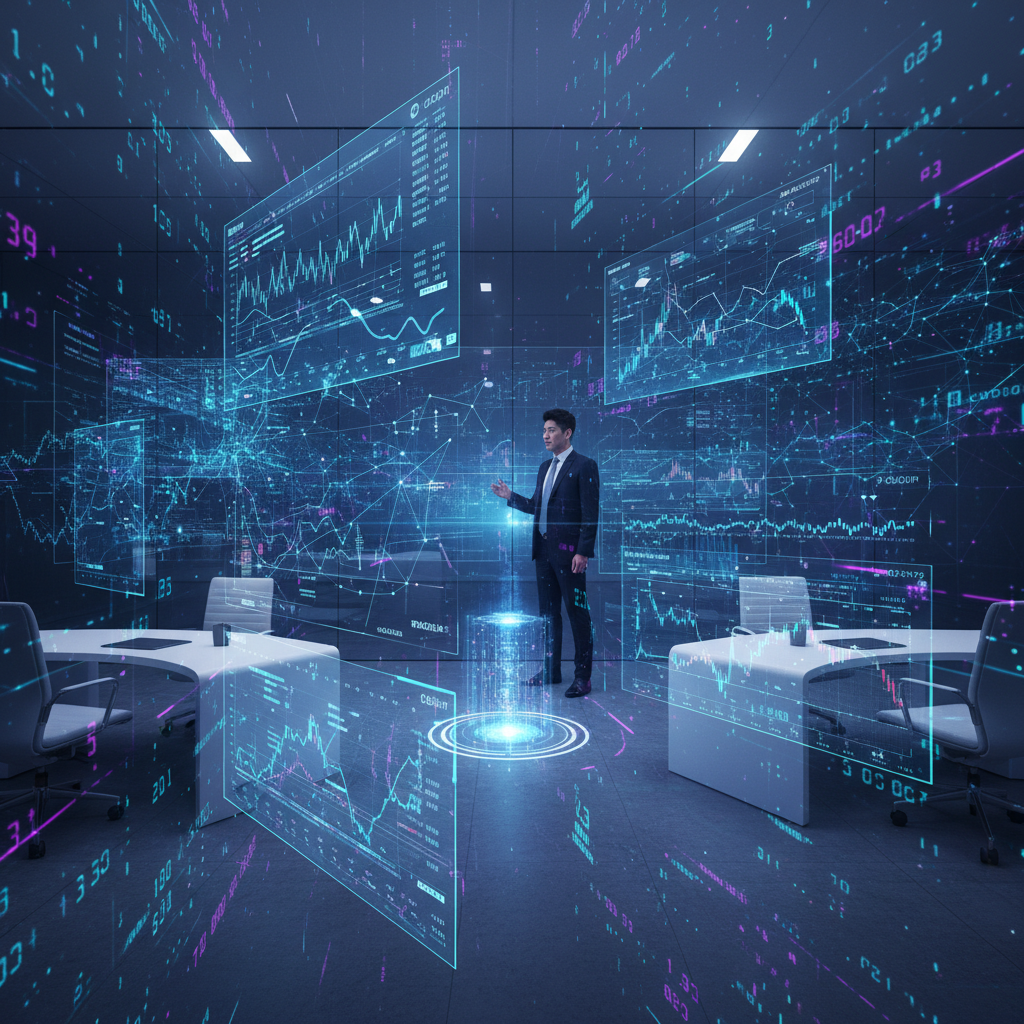 Futuristic visualization of AI analyzing financial data streams, with flowing data particles and holographic charts floating in a modern office environment, blue and purple color scheme, high-tech atmosphere, Korean professional in background, no text in image