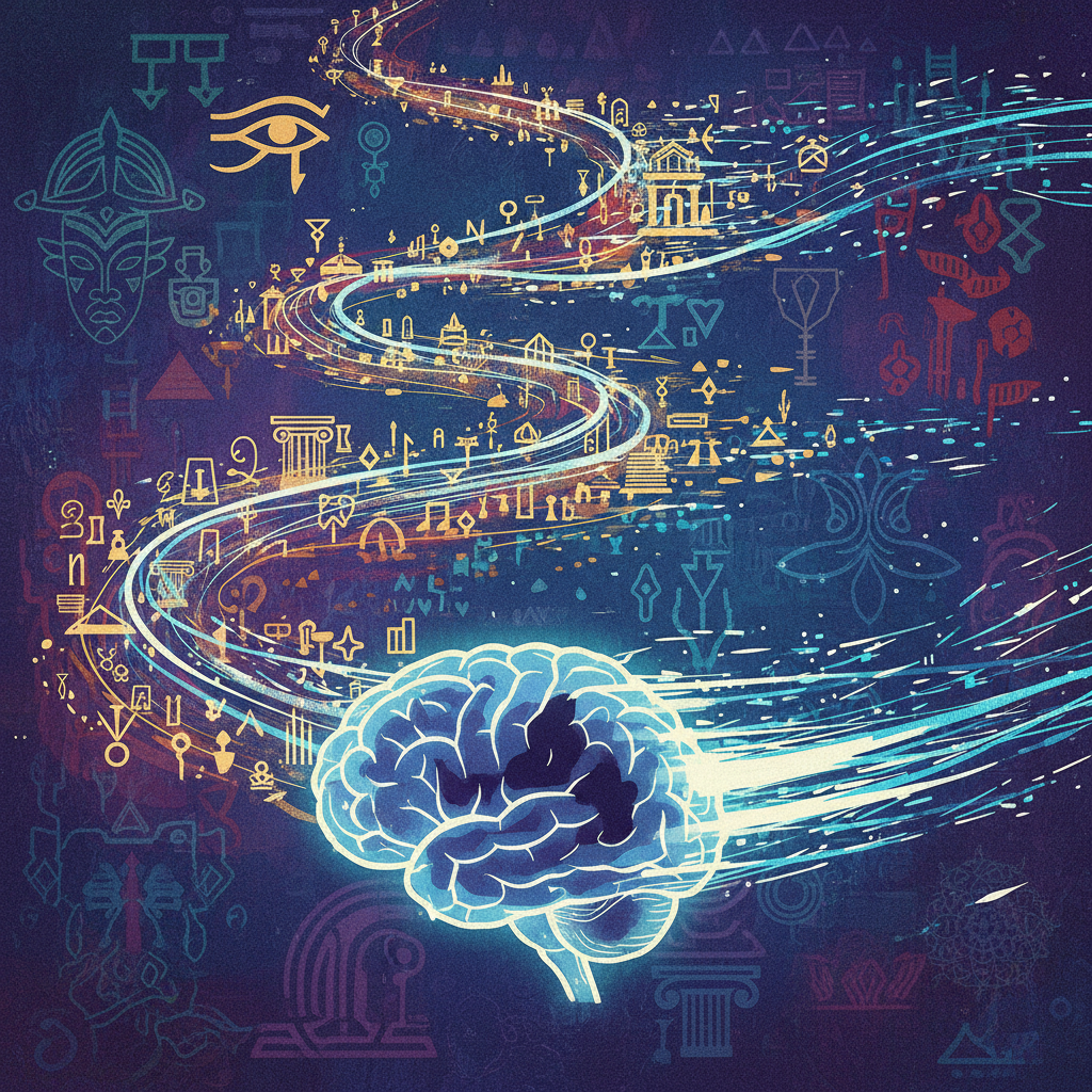 A stylized illustration depicting a vast, intricate network of diverse knowledge fading away into digital lines. In the foreground, a glowing AI brain with some empty sections. The background features traditional symbols and elements from various cultures. Style: artistic rendering, textured background, high contrast. No text.