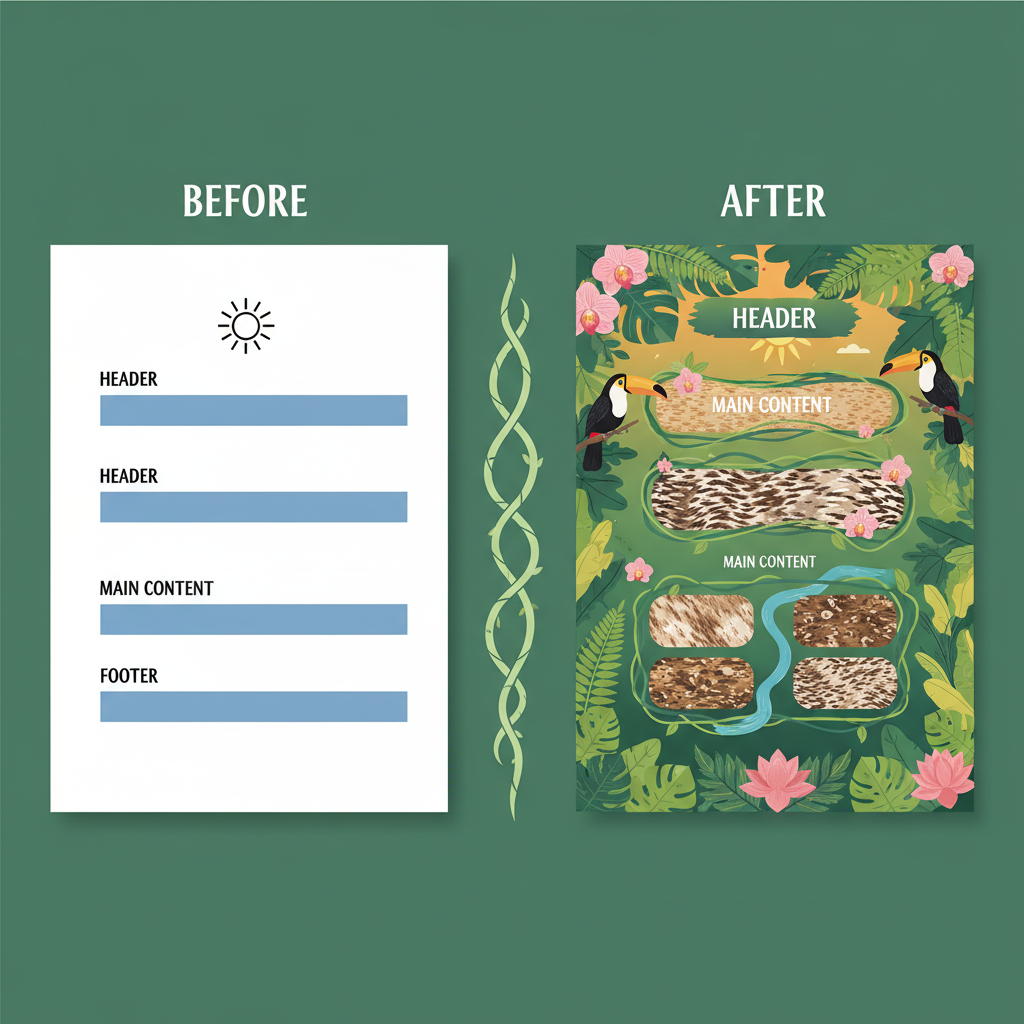 Split screen comparison showing before and after design transformation, left side shows simple layout and right side shows enhanced vibrant design with jungle theme elements, colorful tropical background with green and orange gradients, professional infographic style, no text visible