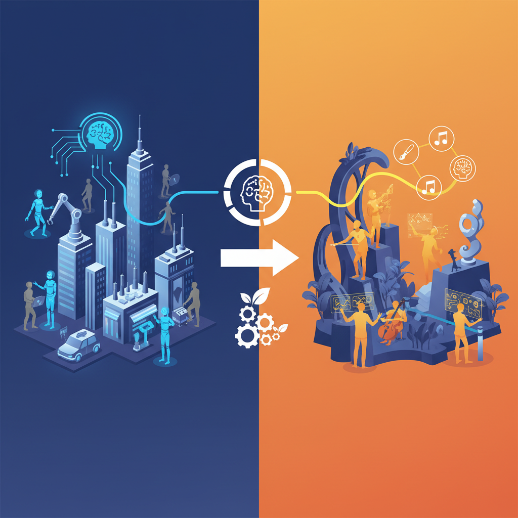 A thought-provoking infographic showing a futuristic cityscape where some human jobs are being replaced by subtle, glowing AI robots, while new, human-led creative roles emerge in other areas. The overall feeling is one of transition and change. Style: clean infographic, modern layout, high contrast. No visible text. Bright, balanced lighting, colored background.
