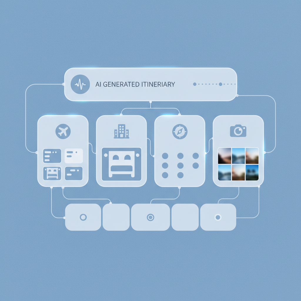 A sleek, modern user interface displaying a travel itinerary generated by AI, with various sections for flights, hotels, activities, and photos. The design is clean and intuitive. The background is a soft, textured blue. Style: clean infographic. No visible text.
