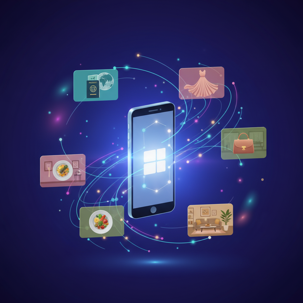 A conceptual illustration showing a smartphone surrounded by floating lifestyle images in various categories like travel, fashion, food, and home decor. The images are connected by glowing network lines suggesting AI recommendation. Dark blue to purple gradient background with ambient lighting. Modern tech aesthetic. No text or data visualization.