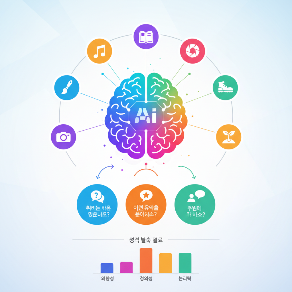 Clean infographic illustration showing AI analyzing user personality through interactive questions, vibrant colors with icons representing hobbies and interests, modern flat design style, Korean user interface elements, no text in image