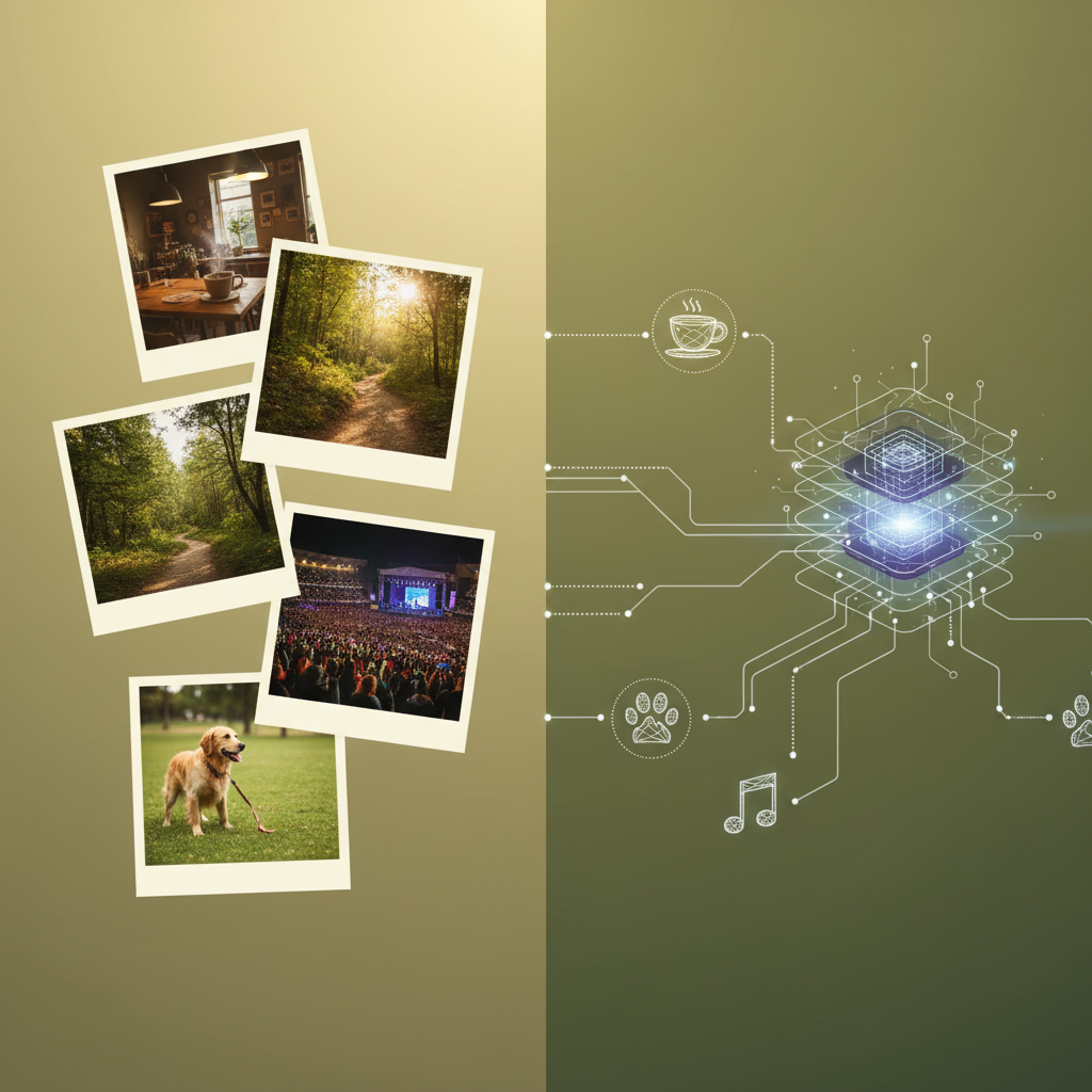 Split screen visualization showing various lifestyle photos on left side including coffee shop, hiking trail, concert venue, pet dog, and on right side AI neural network analyzing these images with connection lines and data points, infographic style with warm natural lighting, no text in image